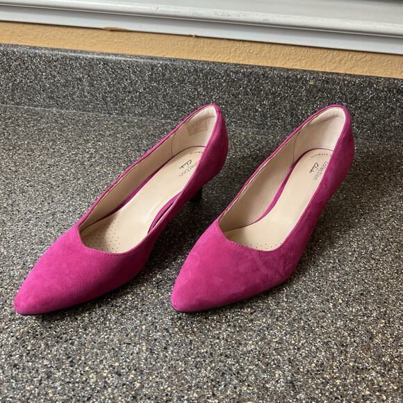 Clarks Collection Slip On Kitten Heel Pink Suede Comfort Classic Pump Womens 11W - Picture 3 of 11